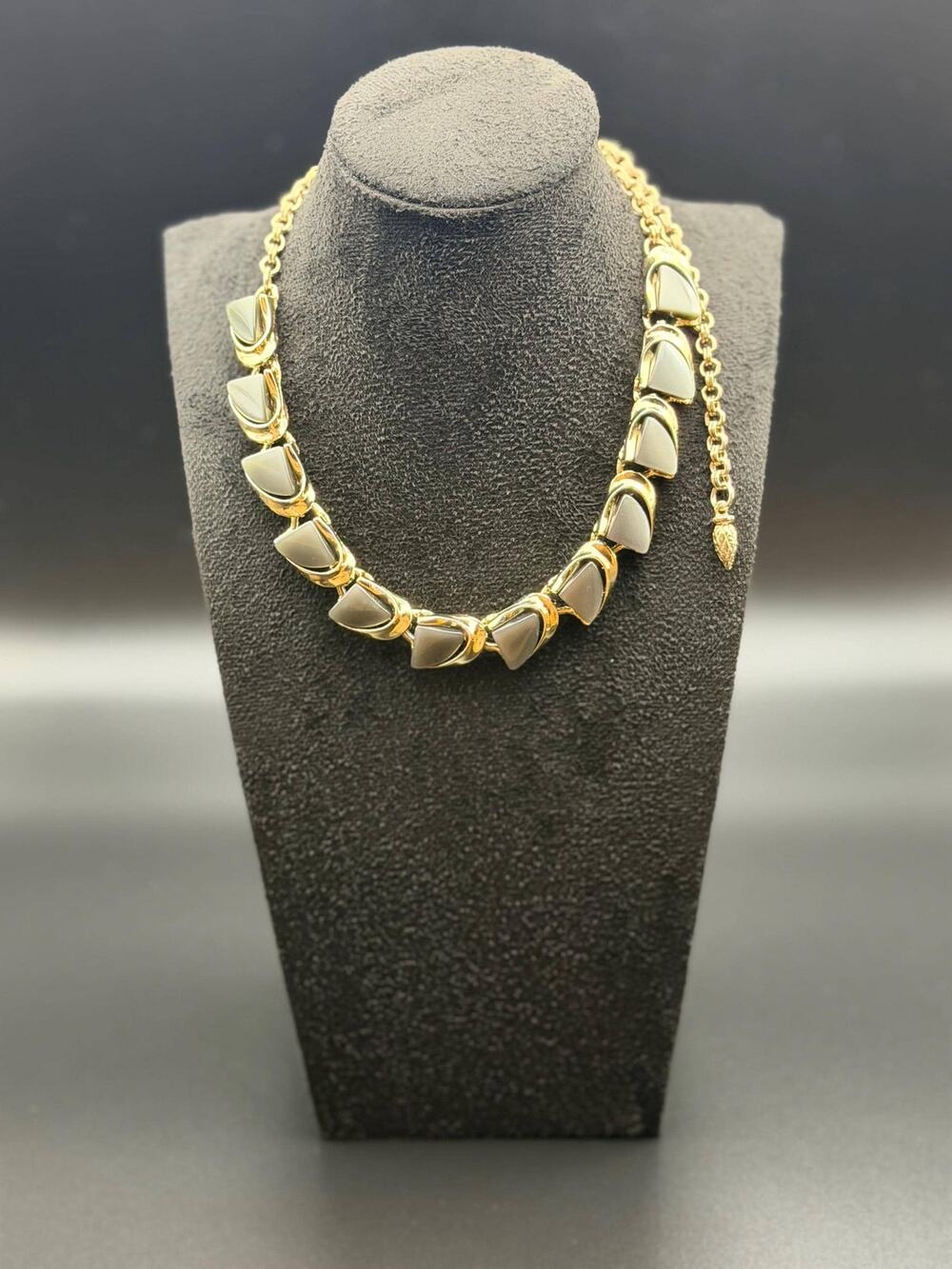 Vintage necklace gold-tone statement gray curved geometric links